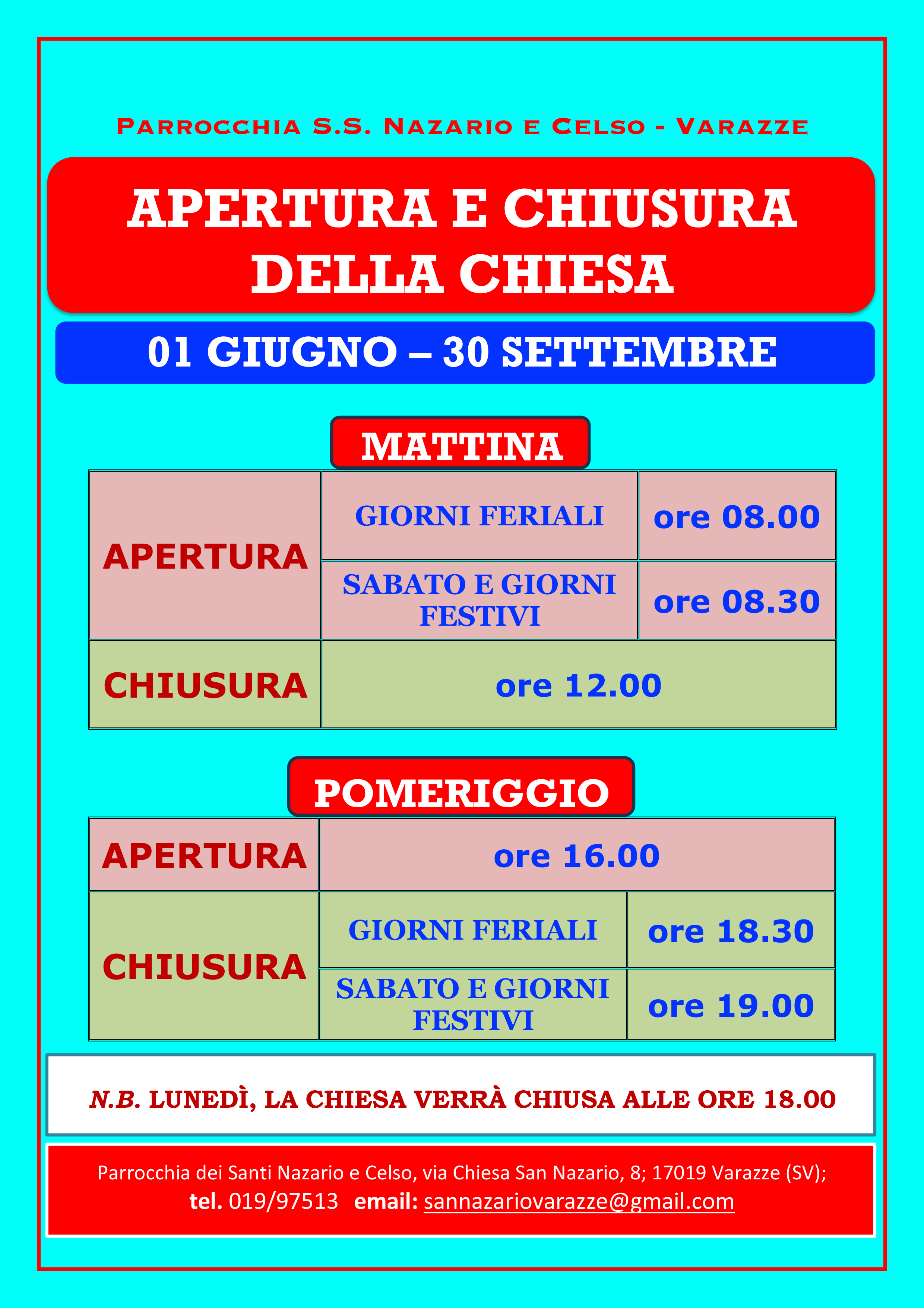 Locandina orario estivo apertura chiesa giugno 2026